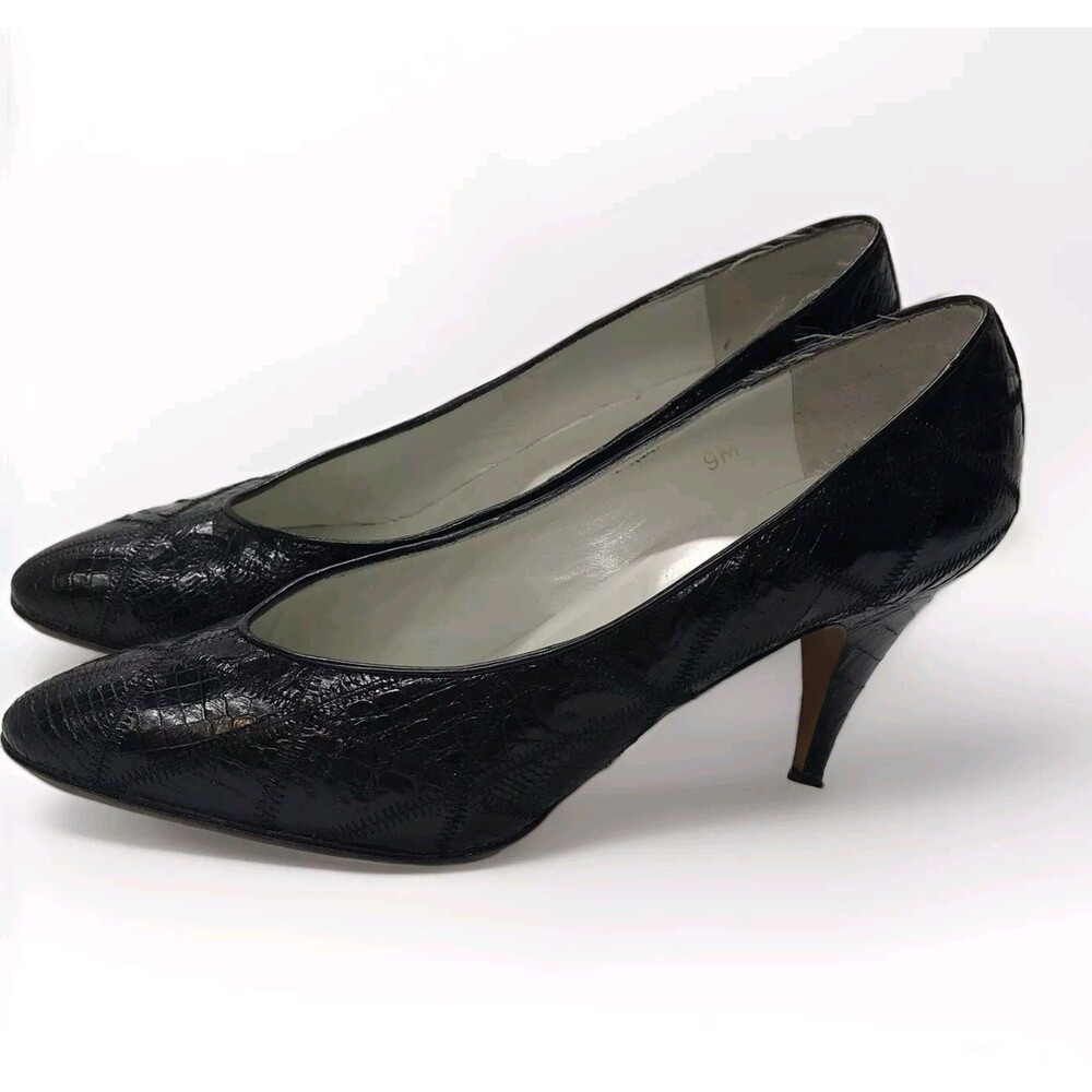 Garolini Vtg Women's Stiletto  Pumps Sz 9M Italian Black Patch Alligator 70s